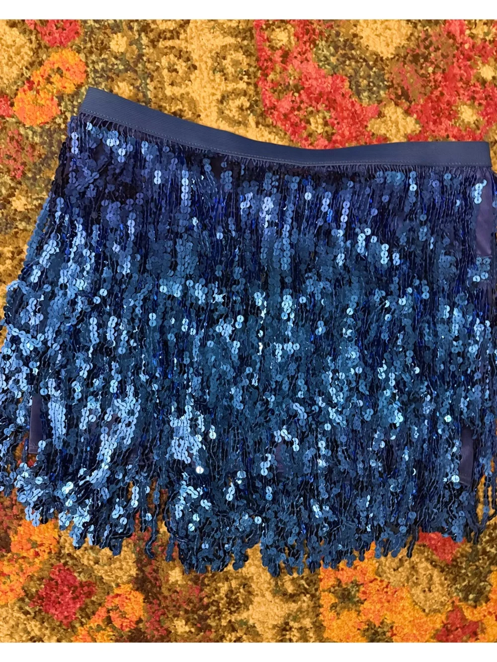 Royal Blue Sequin Fringe Mini Skirt Elegant Party Style Fun Trendy Elastic Lined